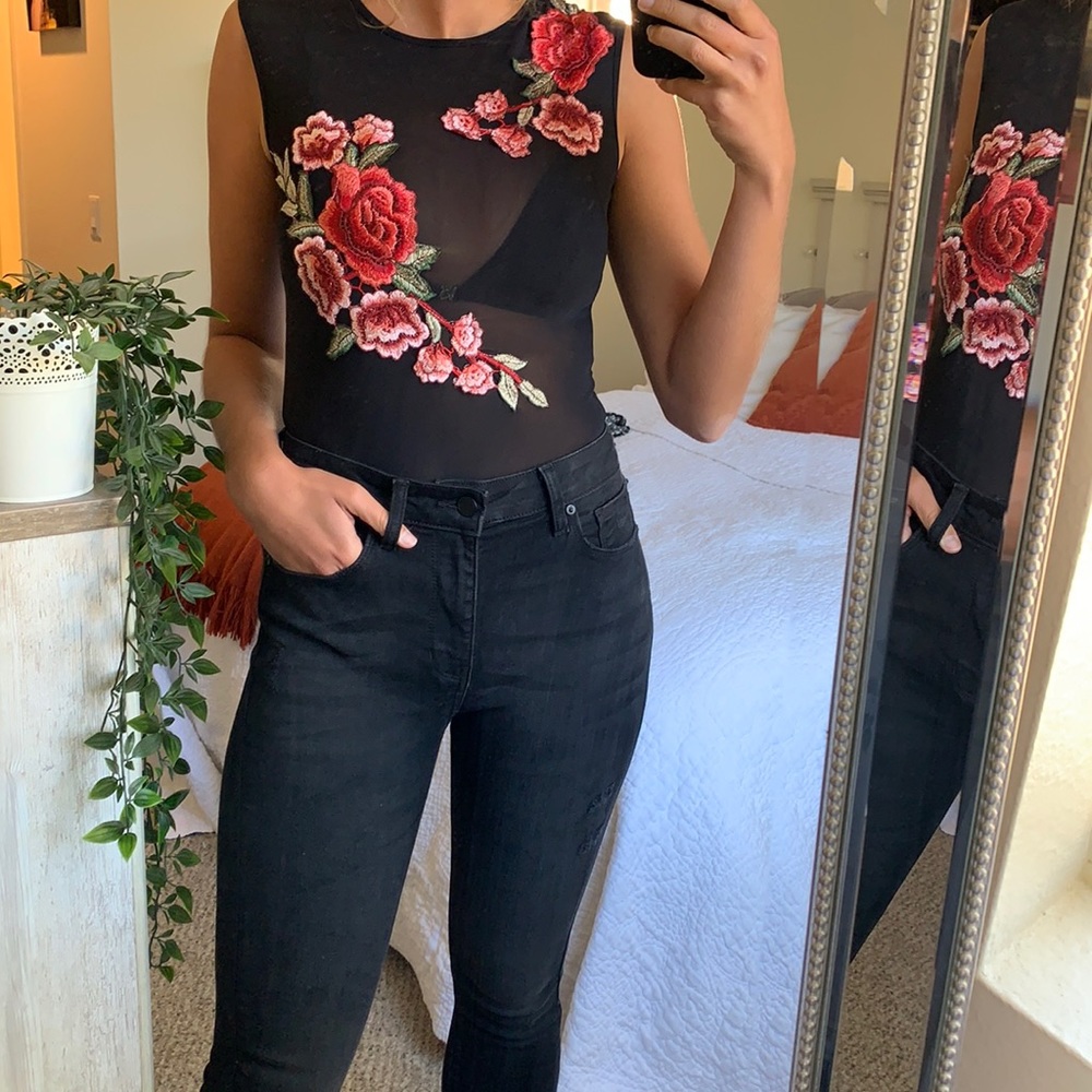 Signature 8, Stitched Flowers, Mesh Bodysuit, M